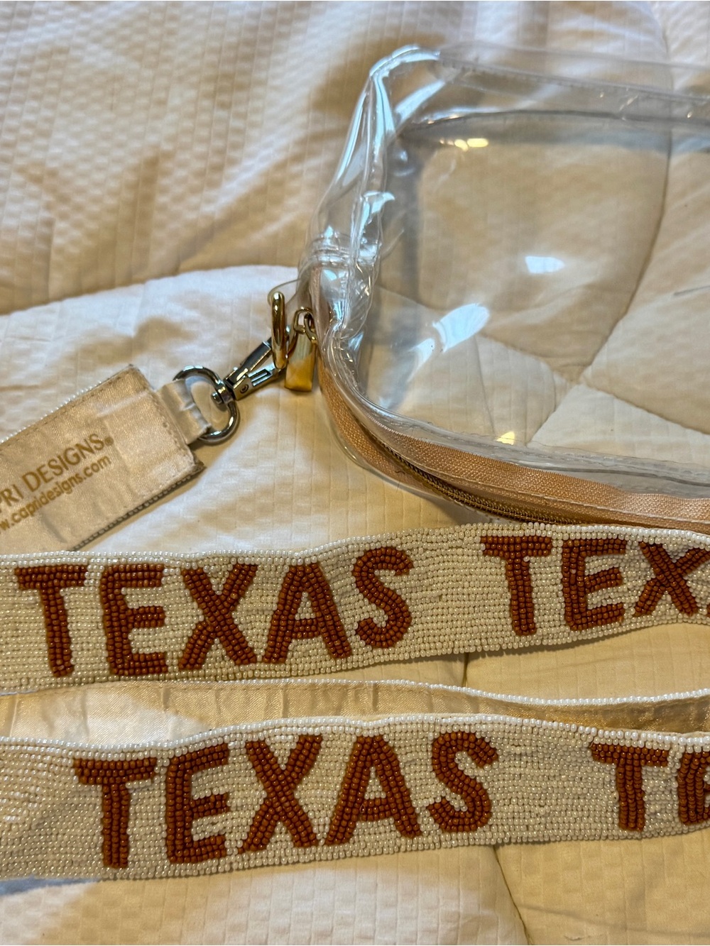 Clear Cosmetic Bag with Beaded TEXAS Strap - Cream and Burnt Orange